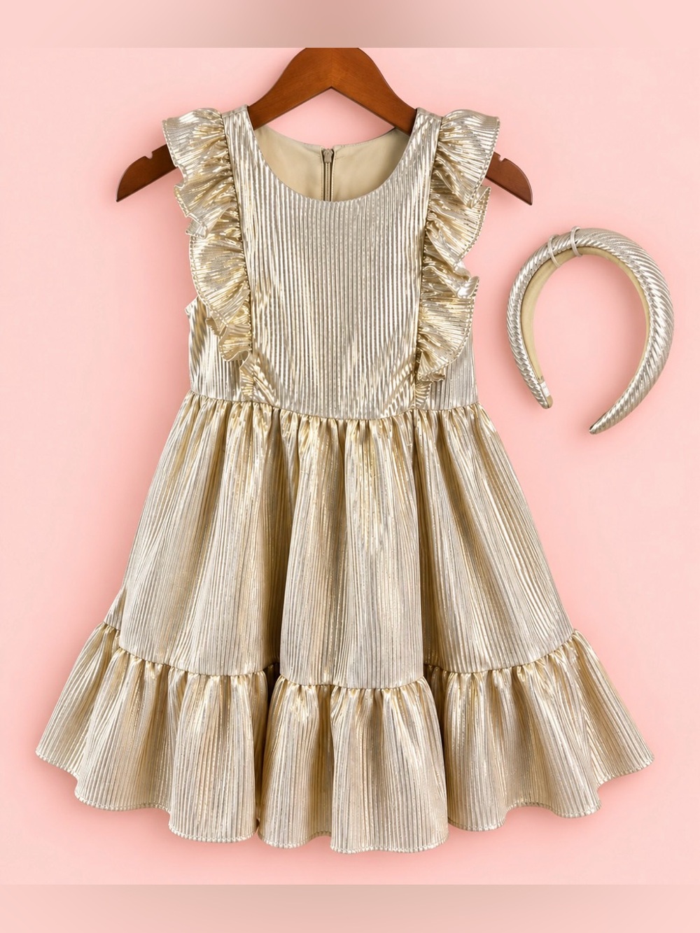 Tahari Girls Metallic Gold Ruffle Party Dress & Headband Size 10 NWT